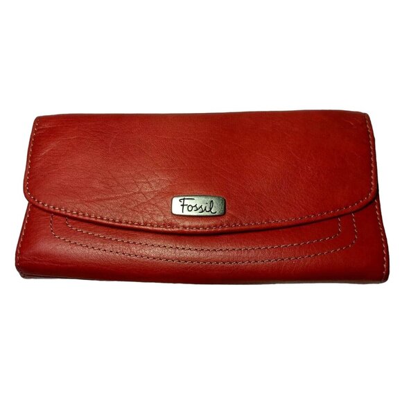 Fossil Genuine Leather Wallet Red Tri Fold 12 Card Slots Checkbook Flawed READ - Picture 1 of 16